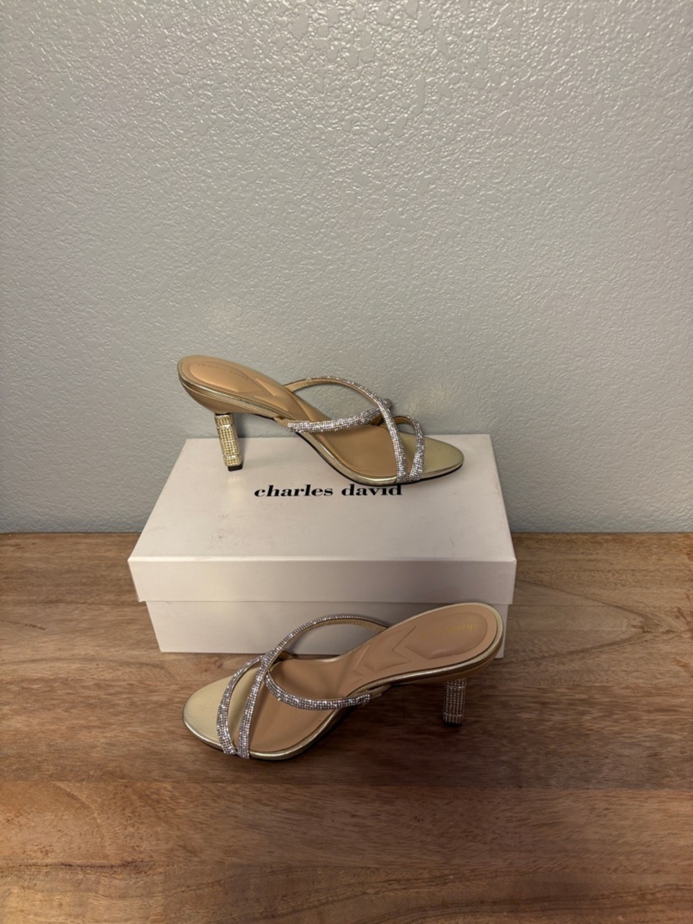 Charles David Champagne Rhinestone Strappy Mid-Heel Sandals